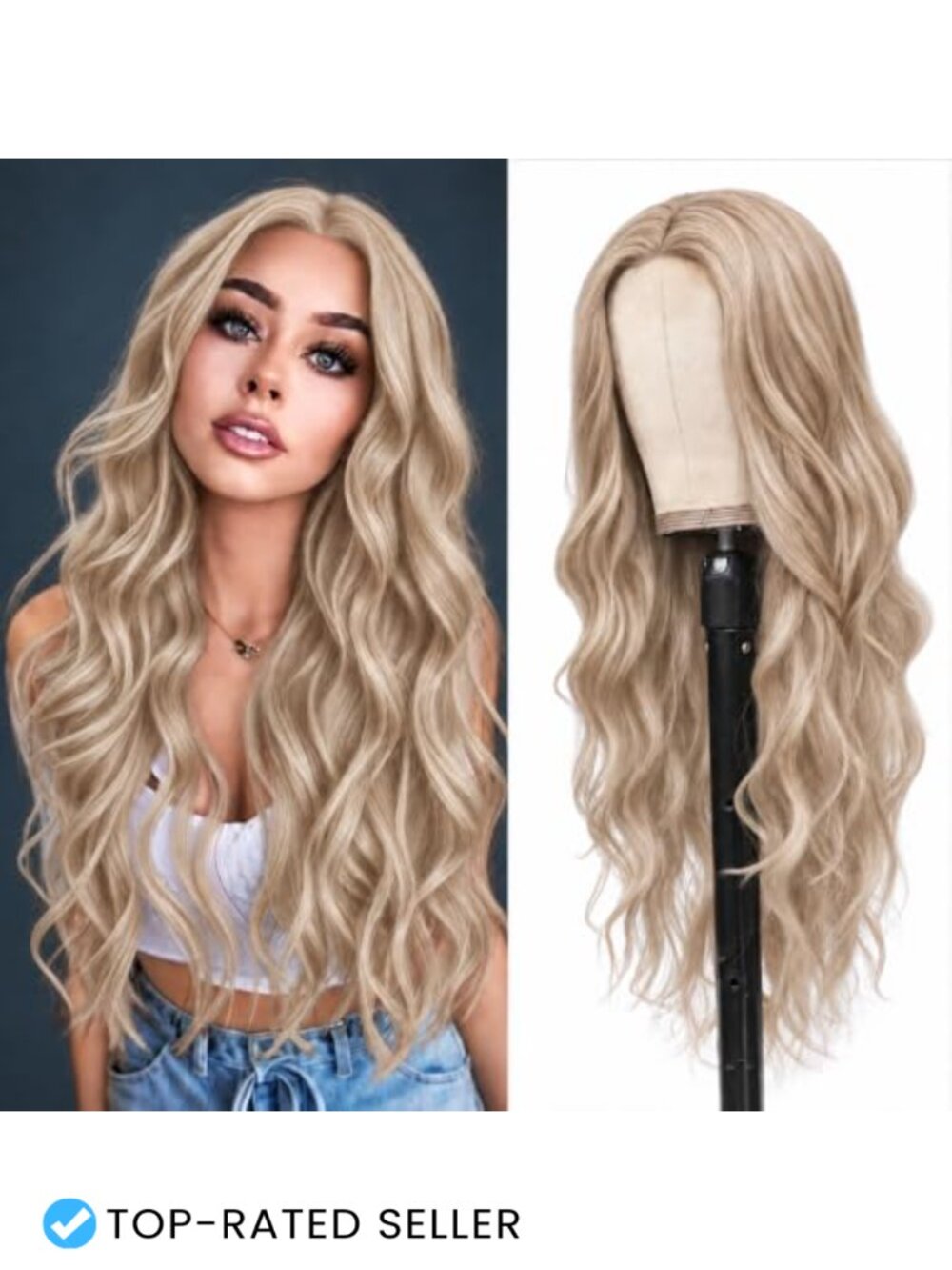 26 Inch Wavy Curly Wig Middle Part Hand-Tied Hairline Adjustable Cap